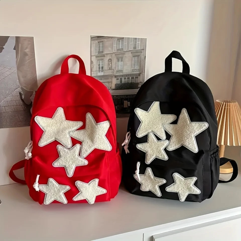 Ship from US Kawaii Plush Star Pattern Backpack Preppy Minimalist Zipper Daily School Bag Lightweight Large Capacity Daypack 250304FBB