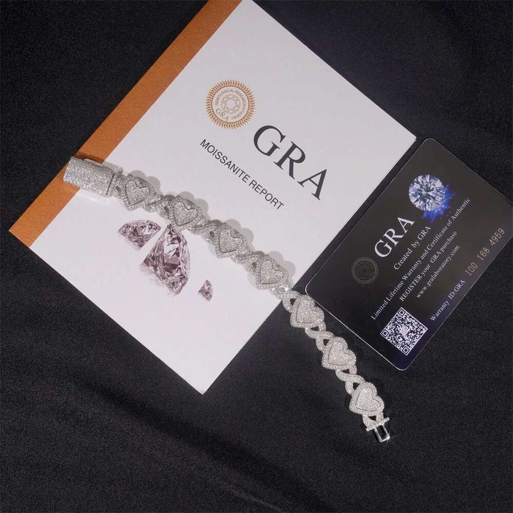IsRainy Hip Hop Rock 100% Sterg Sier D Color Real GRA Moissanite Dias Heart Cuban Chain Bracelets Fine Jewelry Gift