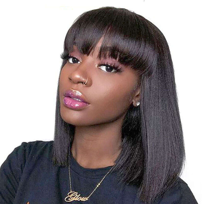 HD Front Lace Wig Natural Color Short Straight Hair Real Wig Women S Headband With Bangs Bob Wigs Human Hair