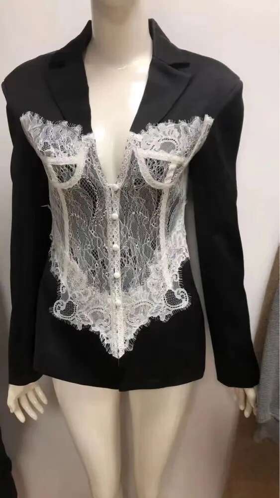 Getspring Women 2024 Autumn Lace Ed Single Breasted Ladies Black Blazer Coat Vintage Women's Slim Suit Jacket Xxxl