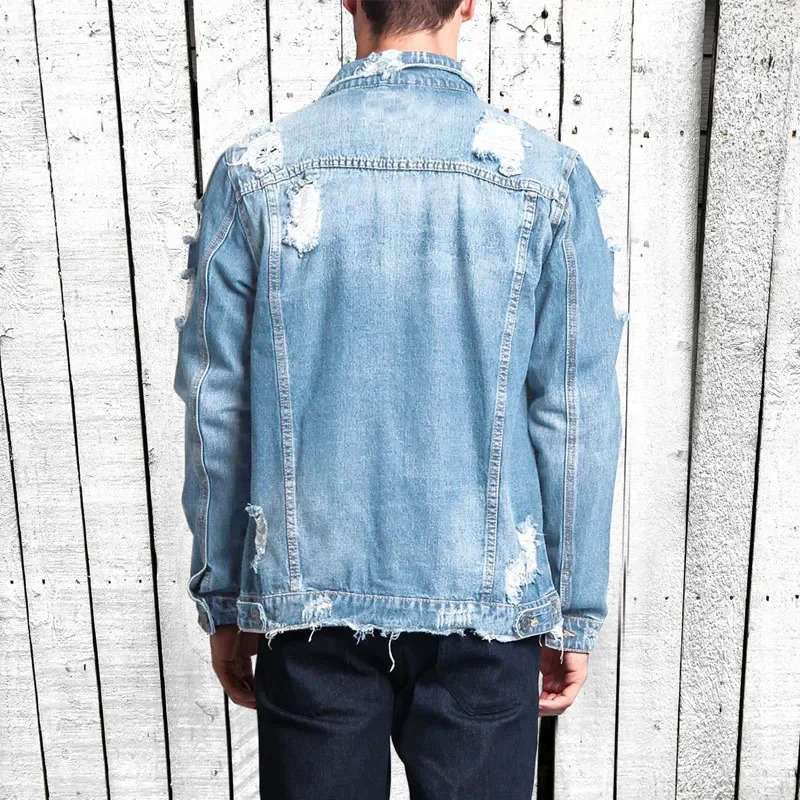 Street Fashion Ripped Denim Jacket Mens Classic Vintage Denim Jacket Fall Winter Worn Torn Denim Jacket Hip-hop Skateboarding 250225