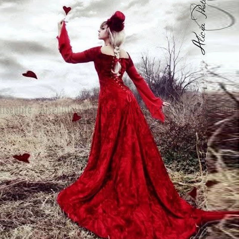 Medieval Gothic Wedding Gowns Red Off Shoulders Long Sleeves victorian fairytale Bridal Dress Romantic Country Wedding Gown