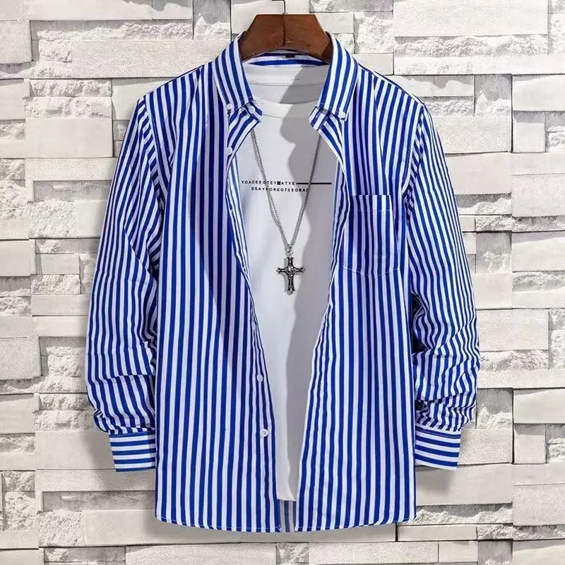 Mens Stretch AntiWrinkle Striped Shirt Formal Business Dress for Man Long Sleeve Slim Fit Casual Plaid Shirts S5XL 250226