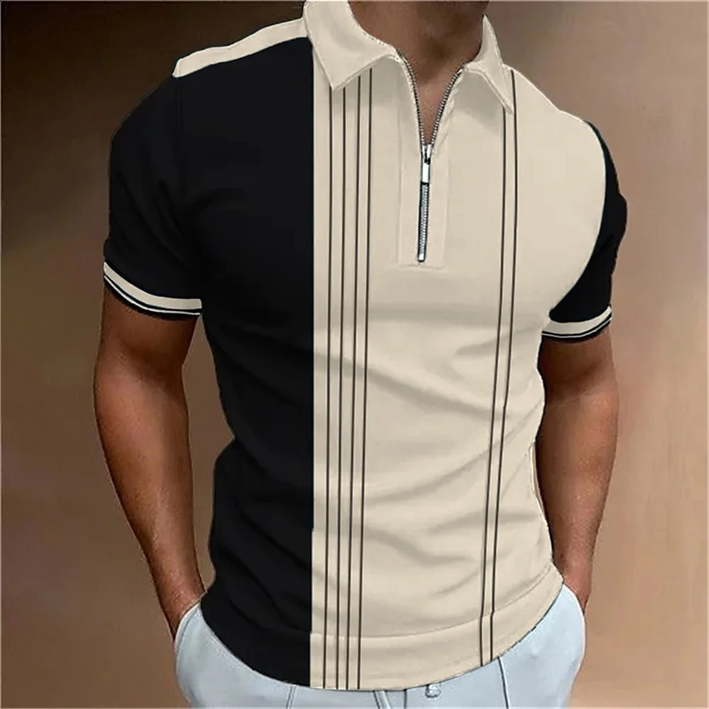 Striped printed short sleeved polo shirt for summer golf highquality top simple mens clothing loose and oversized pullout 2023 250228