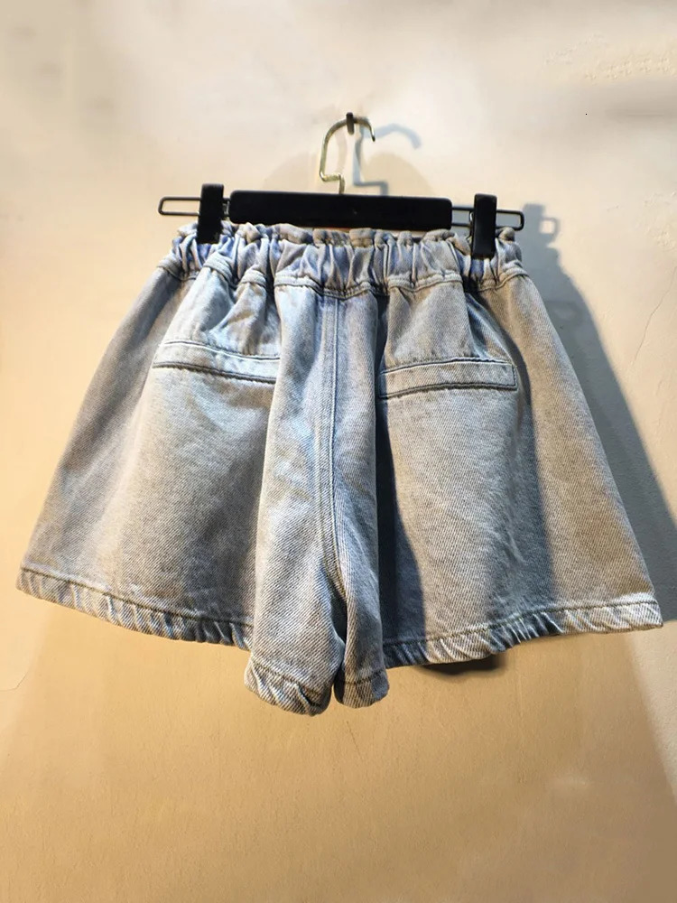 DEAT Womens Denim Shorts Rhinestone Drawstring High Waist Loose Solid Color Wide Leg Short Jeans 2025 Spring Fashion 29L95 250227