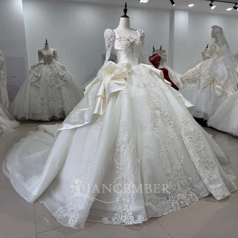 New custom beauty beads pearls long sleeves spark lace wedding dress uoso feminine novia dresses