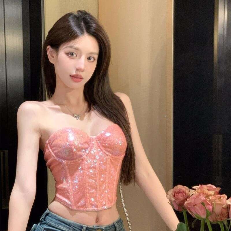 Fishbone corset with chest cushion, spicy girl sexy style, wearing camisole, small vest, heavy industry sequin strapless top for women