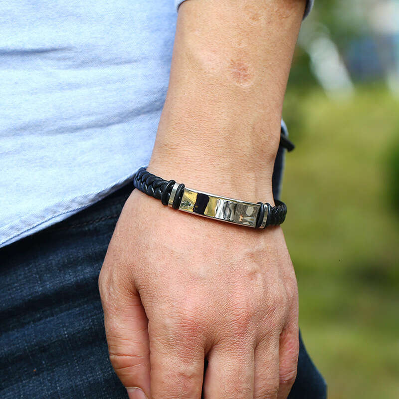 Leather woven stainless steel men's simple smooth PU leather bracelet