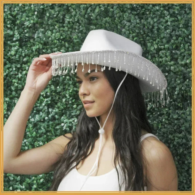 Rhinestone Fringe Western Cowboy Hat Tiara Cowgirl Hat Western Style Girl Wide Brim Felt Cowgirl Cap Costume Cosplay Party Hats 250227