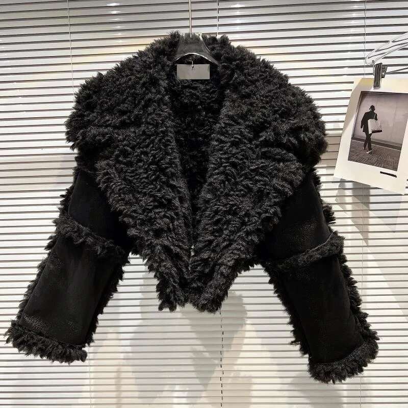 PREPOMP 2024 Winter New Collection Long Sleeve Big Turn Down Collar Faux Fur Leather Black Pu Jacket Women Blazer Coat Gh141