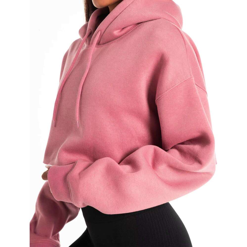 Wholesale Women's Beige Cropped Hoodie Short Length Silk Pullover Custom Long Sleeve Printed Winter Sports Gym Hooded