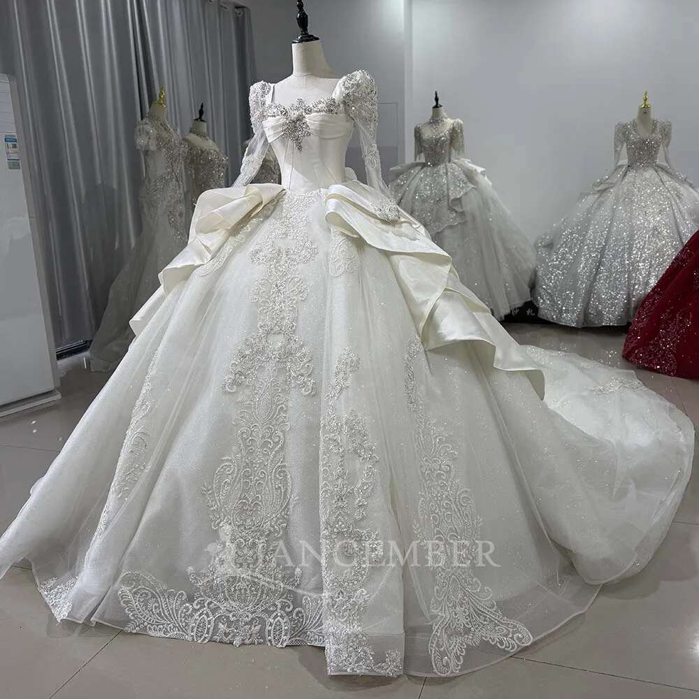 New custom beauty beads pearls long sleeves spark lace wedding dress uoso feminine novia dresses