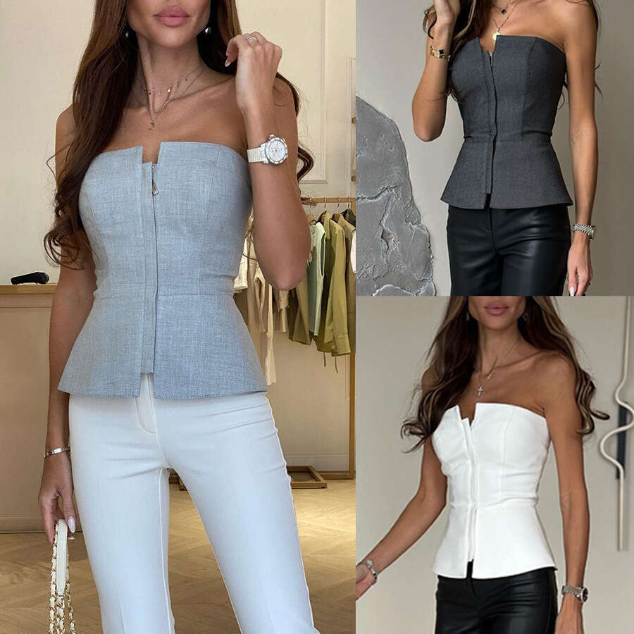 European and American Spring/Summer One Piece Collar Slim Fit Top Fashion Multi Color Zipper strapless 2025 Versatile New Trendy Clothing INS