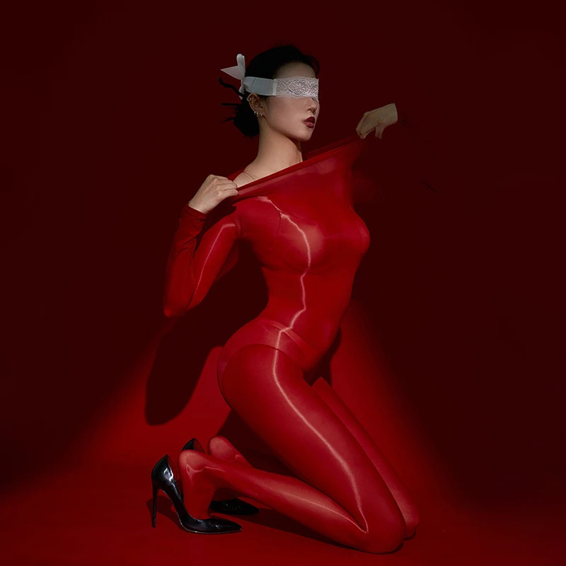 Womens shiny full body long sleeved smooth jumpsuit womens tight pants ultra-thin transparent open style pantyhose tight fitting clothes 250224