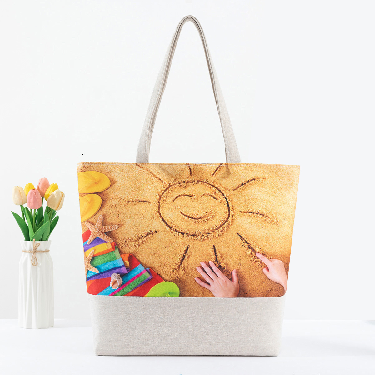 New women's beach large capacity linen digital shoulder bag, single-sided printed handbag #swissmilitary