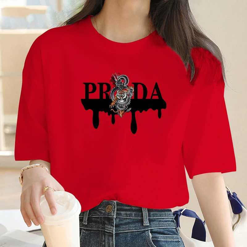 Luxury Brand Fashion Dragon and Tiger Pattern Printed Crew Neck Clothing Short Sleeve T-Shirt Trend Womens Summer Y2K TopT250228