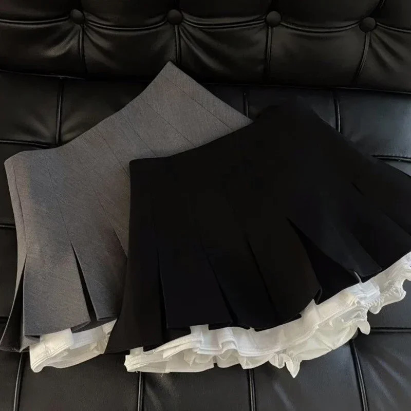 Ruffles Black Mini Skirt Women Korean Patchwork Pleated Skirts Japanese Kawaii High Waist All Match A Line Skirt 250227
