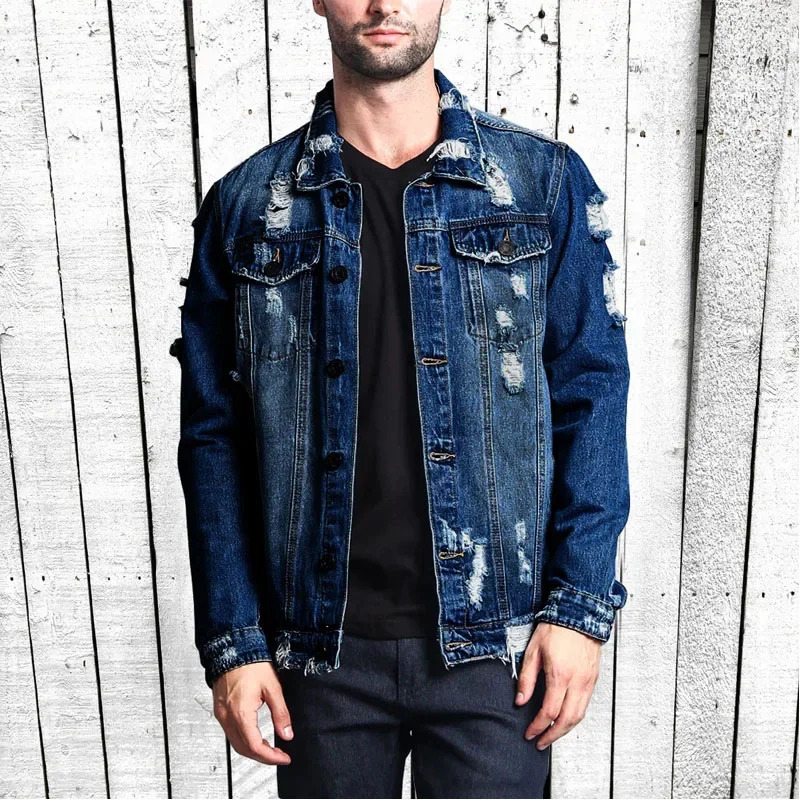 Street Fashion Ripped Denim Jacket Mens Classic Vintage Denim Jacket Fall Winter Worn Torn Denim Jacket Hip-hop Skateboarding 250225
