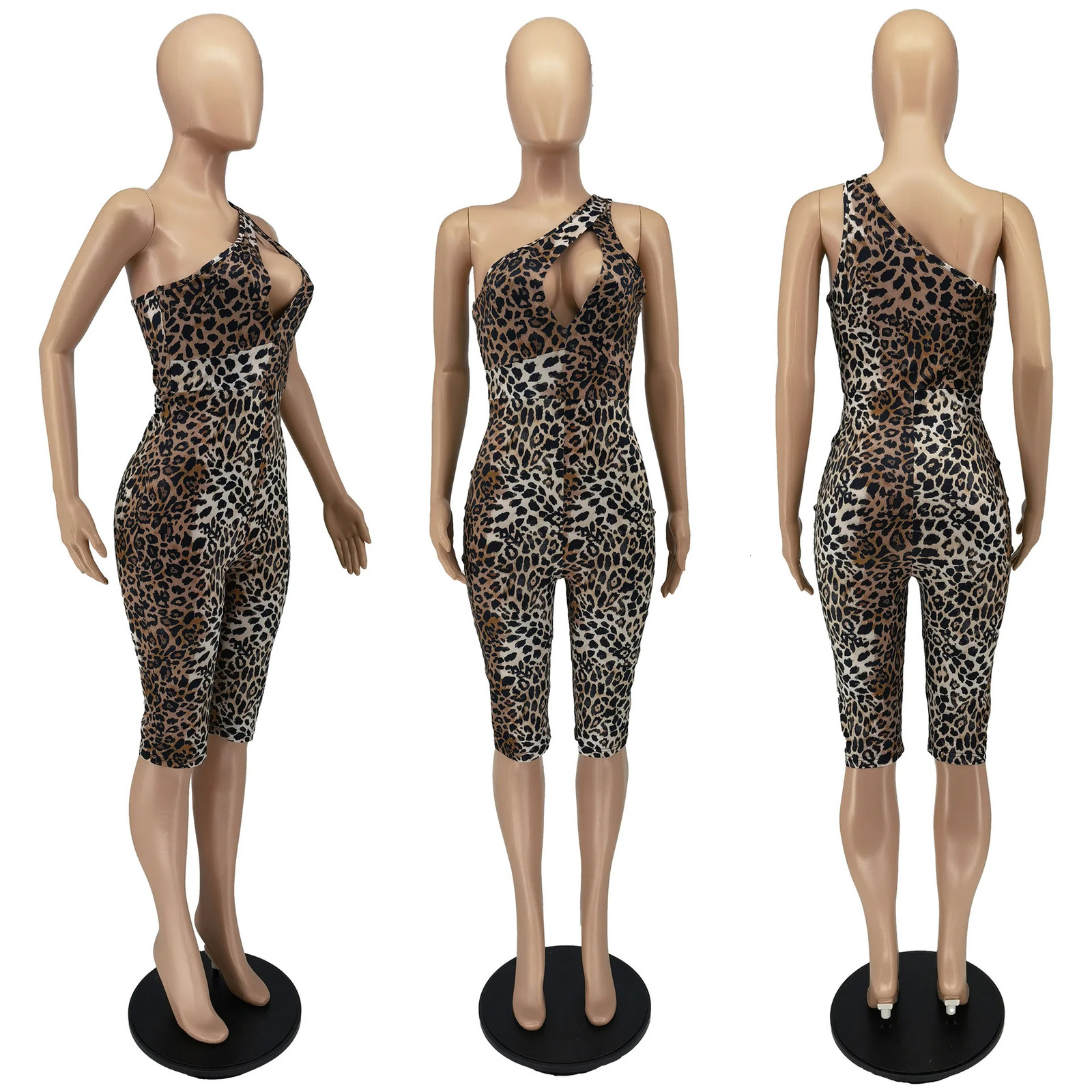 Echoine summer womens leopard print jumpsuit single shoulder hollow thin jumpsuit fashionable nightclub tight and sexy streetwear 250224
