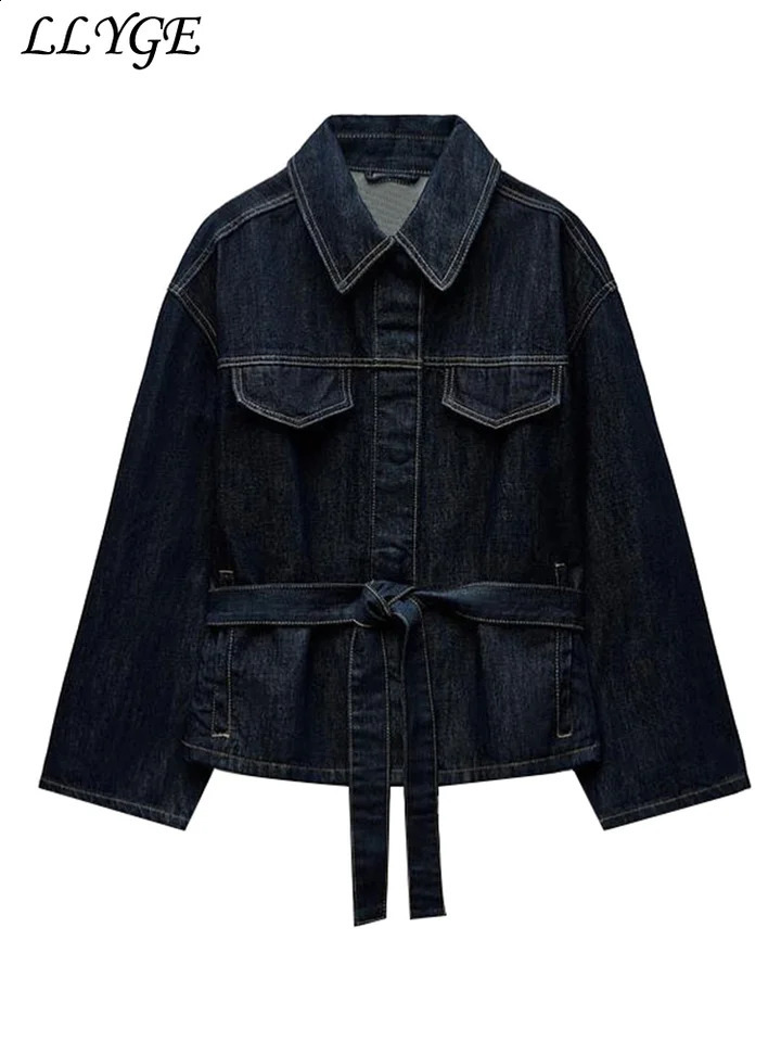 Retro belt denim jacket pants set womens lapel single chest pocket straight jeans spring streetwear 250228