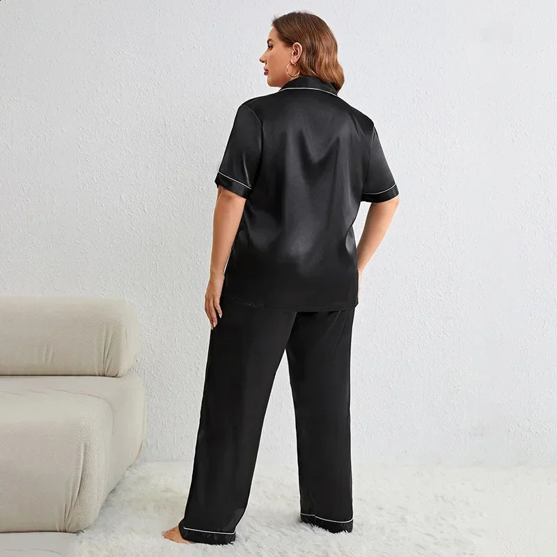Plus Size Silk Satin Women Pajama Sets Solid Short Sleeves Top Long Pants 2 Pieces Sleepwear Notched Collar Button Nightwear 250226