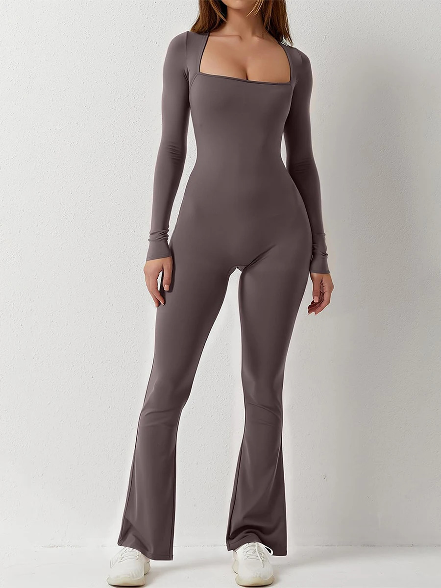 Womens Skinny Jumpsuits Autumn Casual Long Sleeve Square Neck Solid Color Slim Fit Overalls Ladies Fall Romper Club Streetwear 250225