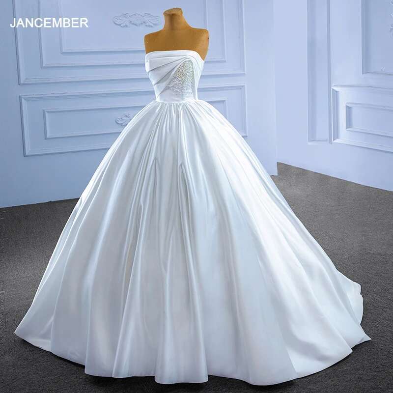 Simple Strapless Satin Custom Lace Up Back Crystal Upper Court Train Wedding Dress Woman Dresses Novia