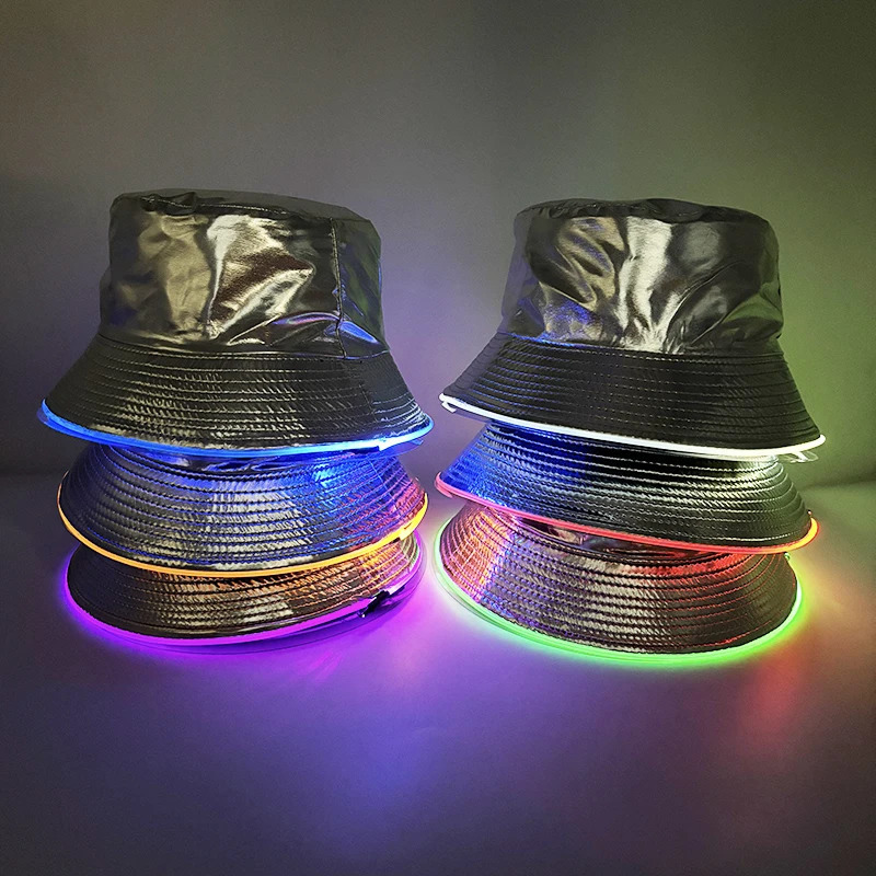 Golden Silver Glowing Light Up Bucket Hat LED Luminous Fisherman Cap Women Men Hip Hop Neon Panama Hats Performence Costume 250227