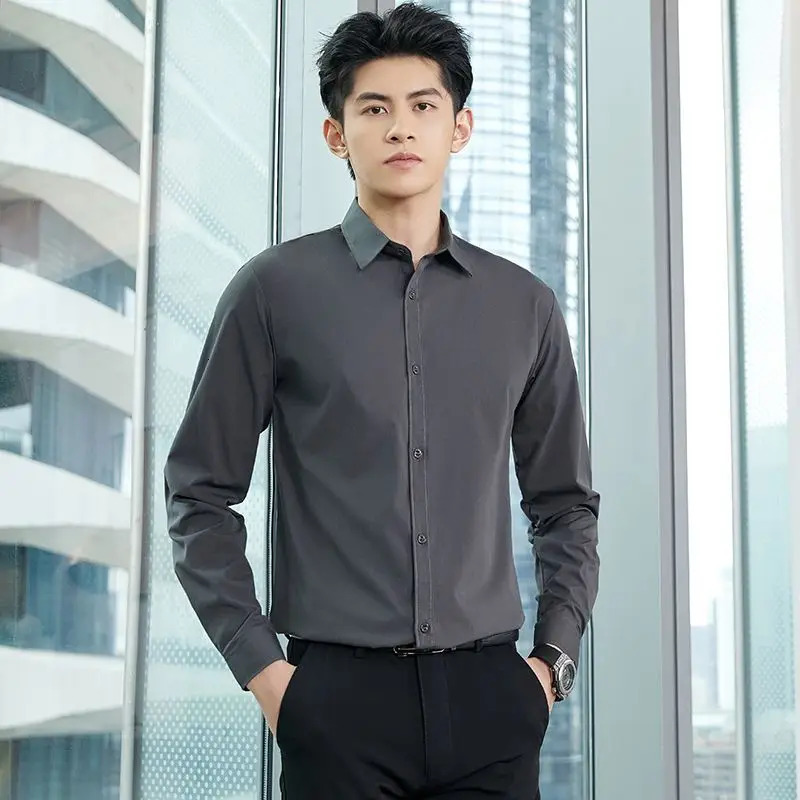 Mens long sleeved square neckline black gray shirt slim fit set thin casual top mens clothing 250226