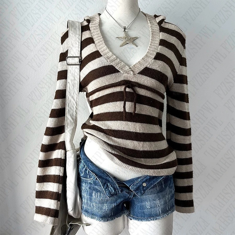 Vintage Harajuku Women hooded pullover sweater Y2K striped streetwear casual hip-hop rock punk autumn and winter sweater emo 250227