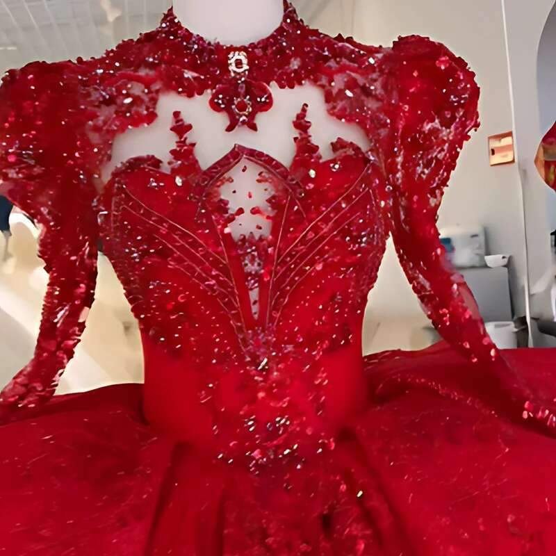 Dresses with Sequins Backless, Wedding Dresses, Full Puff Sleeves, Neck, Red, 2023, XS100