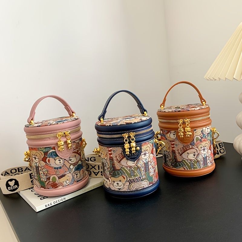 Trendy Bear Pattern Bucket - Mini Double Zipper Crossbody Bag