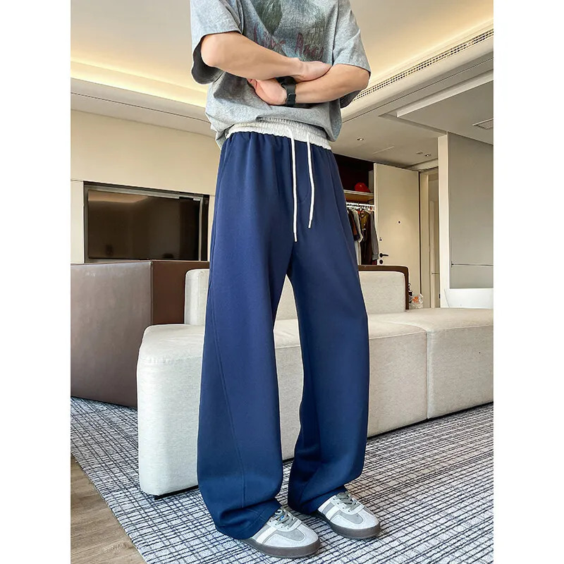 Men Spring Casual Sweatpants Elastic Waist Straight Wide Leg Joggers Plus Size Solid Color Minimalist Patchwork Comfort Pants 250227