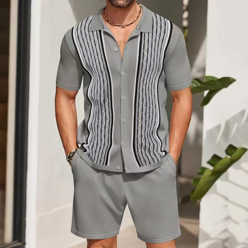 Summer mens knitted shirt set single chest casual slim fit polo shirt short sleeved set short sleeved daily knitted set 2-piece set 250224