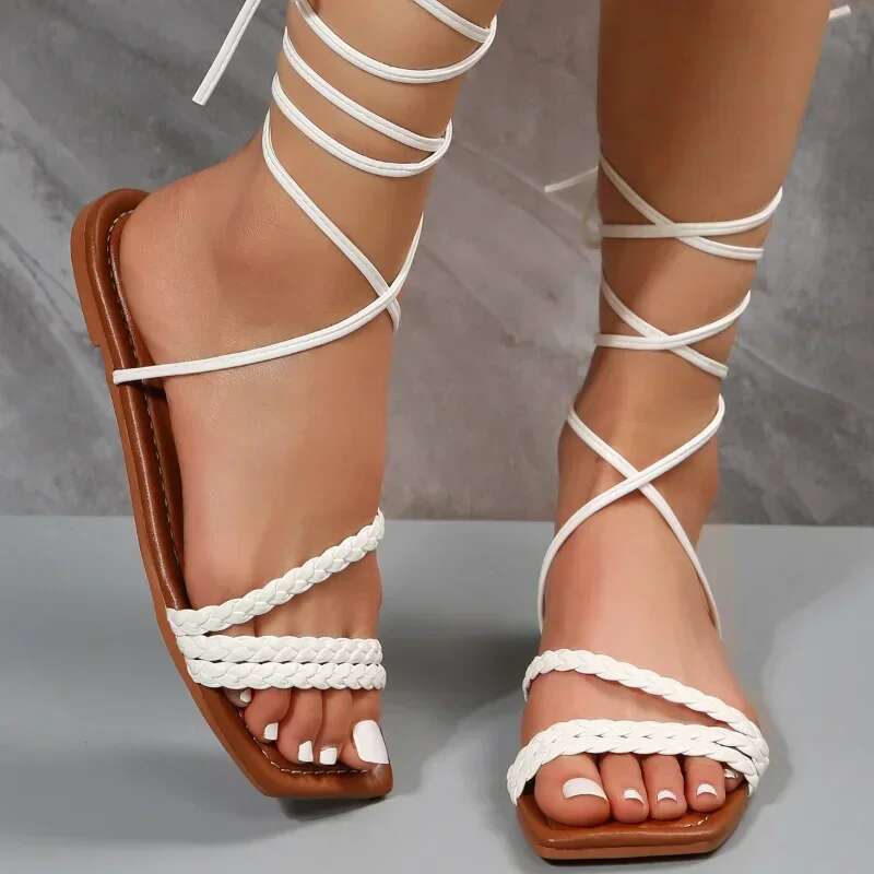 Trendy Casual Women's Summer Open Toe Flat Sole Solid Color Lace Up Beach Shoes atillas De Mujer Sandals