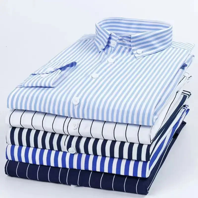 Mens Stretch AntiWrinkle Striped Shirt Formal Business Dress for Man Long Sleeve Slim Fit Casual Plaid Shirts S5XL 250226