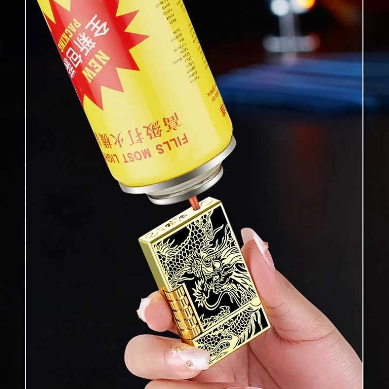 2024 Metal Steel Sound Chinese Dragon Oblique Fire Inflatable Lighter Side Pulley Igniting Butane Gas Pipe Lighters Smoking Gift Y250228