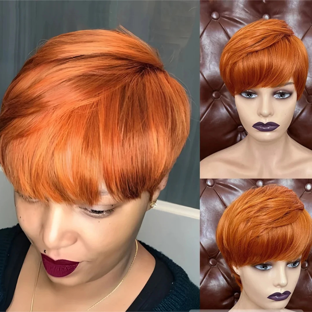Ginger Color Short Peruvian Hair Wig with Bangs Orange Color full machine made Short Pixie Cut Bob Wig 100% Human Hair Wigs 250227