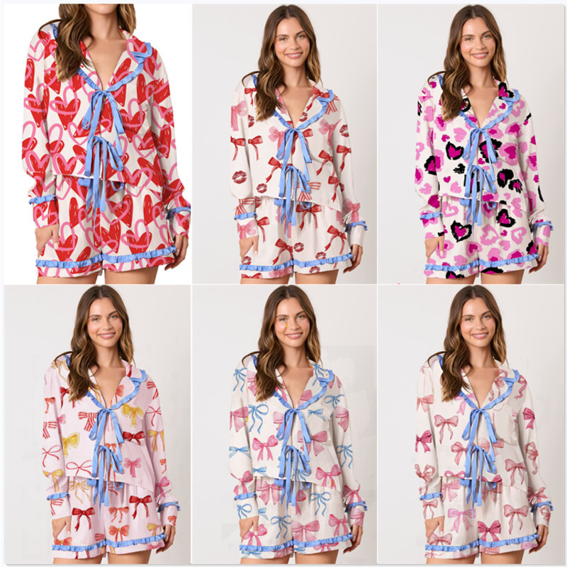 Women Tracksuits Two Pieces Set 2025 New Pleated Long Sleeved Thin Printed Valentines Day Series Pajamas Casual Set 5 Colors