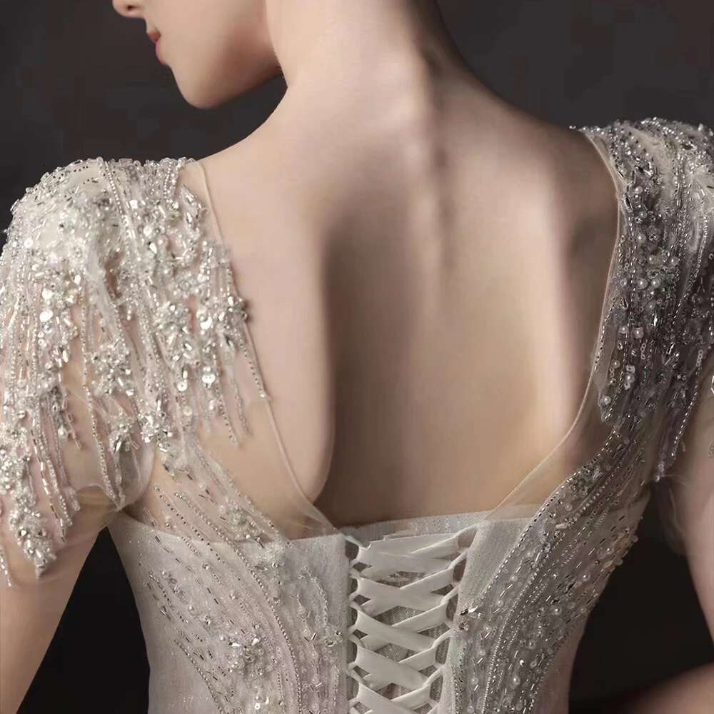 Train Court with V-neckline Short Sleeves Lace Wedding Dresses Custom lsht053
