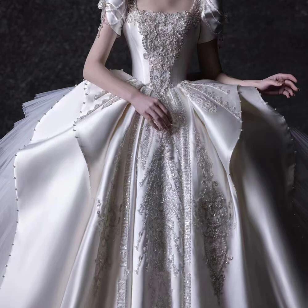 Exquisite Embroidered Square Collar Pleated Custom Short Sleeves Dresses Train Sweep Wedding Robe