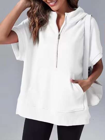 2024 Women's Spring New European And American Solid Color Casual Short Sleeved Hoodie