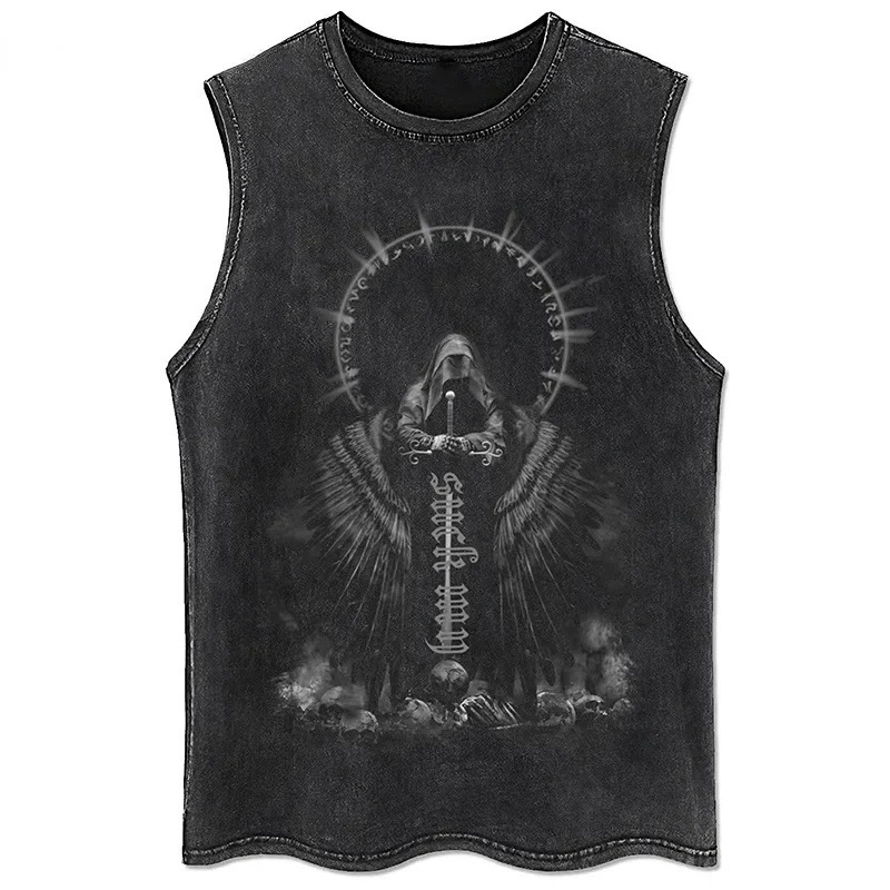 Retro black womens tank top 100% pure cotton mens hip-hop punk rock sleeveless T-shirt Gothic vest Y2K clothing 250226