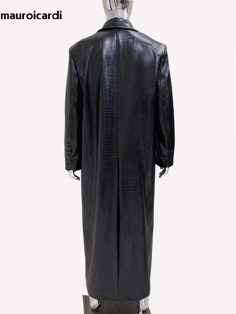 Mauroicardi Spring Autumn Maxi Black Print Pu Leather Trench Coat Men Single Breasted European Fashion 250225