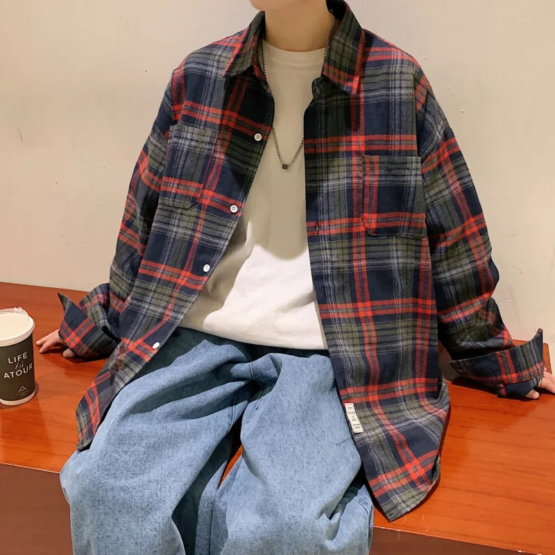 Autumn Long Sleeved Shirt Men Fashion Oversized Plaid Streetwear Korean Loose Casual Shirts Mens Large Size M5XL 250226