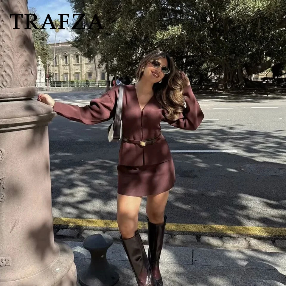 TRAFZA Autumn Winter Streetwear Women Knitted Suits Fashion Elegant V Neck Single Breasted ShirtsChic Mini Skirts 250225