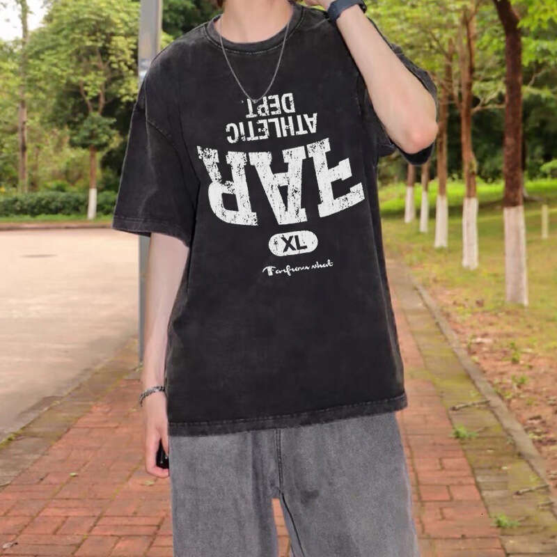 Far Archive Inverted Letter Star Print Small Trendy Brand Washed Vintage Vibe Style Short Sleeve T-shirt