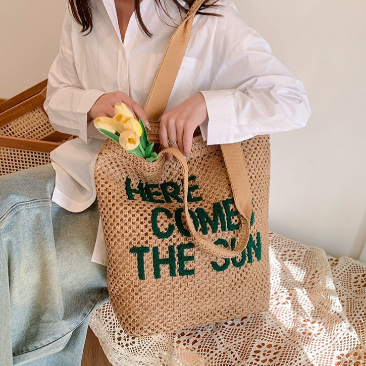 Large capacity straw woven bucket for women's 2025 summer new fashionable vacation beach trendy casual shoulder bag #swissmilitary