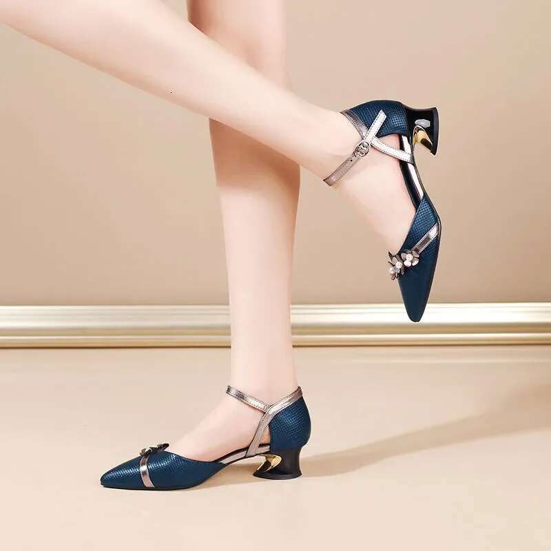 Women Fashion Plus Size Navy Blue Quality Buckle Strap Square Heel Shoes for Sexy Party Night Club Casual High Heels