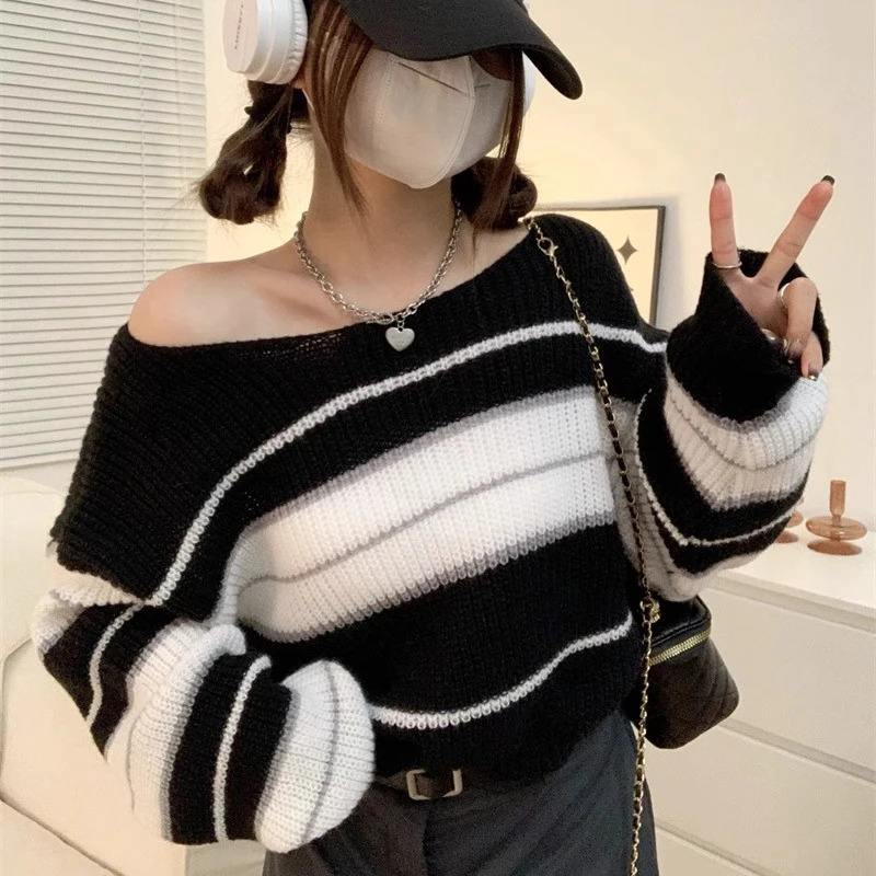 Womens Striped Jumper Vintage Female Autumn Long Sleeve Casual Cropped Sweater 250225